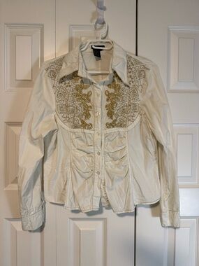BCBGMaxAzria Cream Jacket with Gold Embroidery